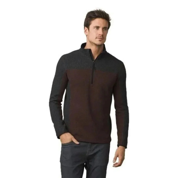 Prana Wentworth Cocoa Ribbed Knit Pullover Quarter Zip Sweater XL - Picture 1 of 4